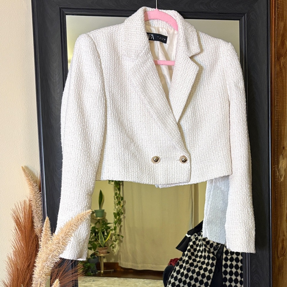 Zara White Tweed Cropped Blazer